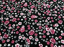 Тканина штапель чорного кольору "Геометрія квітів" рожевого відтінку