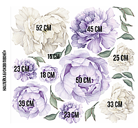 Набір наклейок для декору стін Бузкові акварельні півонії від 52 до 18 см вінілові наклейки квіти матова