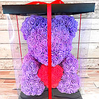 Мишка из роз 40 см в подарочной упаковке подарок девушке на 8 марта Фиолетовый (живые фото!)