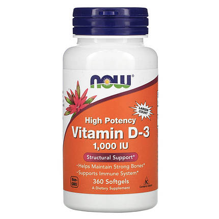 Vitamin D-3 1,000 IU NOW Foods 360 Softgels, фото 1