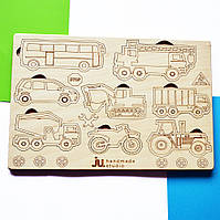 Рамка вкладиш "Транспорт", дерев'яний пазл сортер для дітей. Картки вкладиші з дерева для розмальовки.