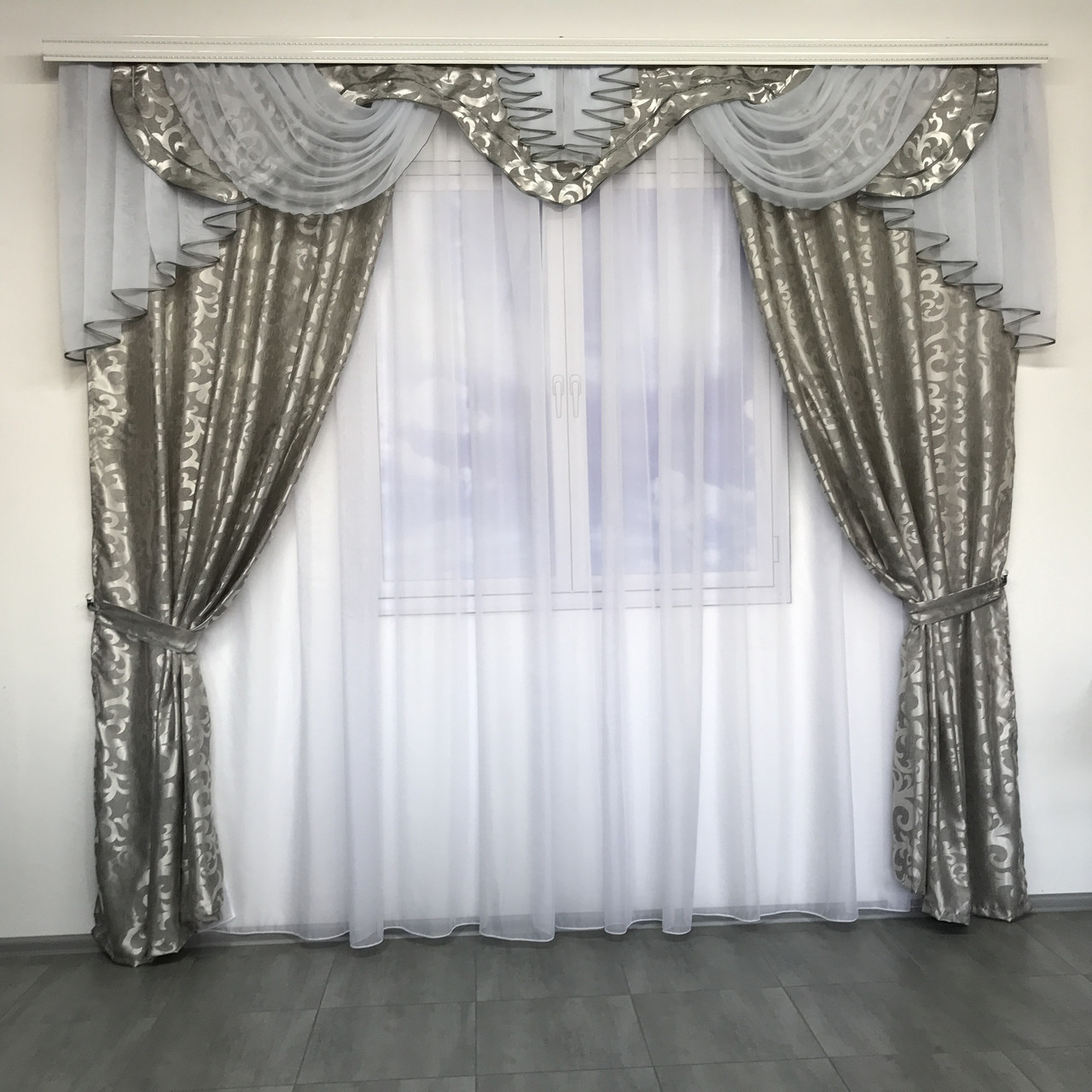 Штори на кухню, штори в зал з ламбрекенами, ламбрекени на вікна Сірий (LS-220-29), фото 1