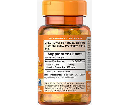 Харчова добавка Puritan's Pride Lutein 20 mg with Zeaxanthin 30 Softgels, фото 3