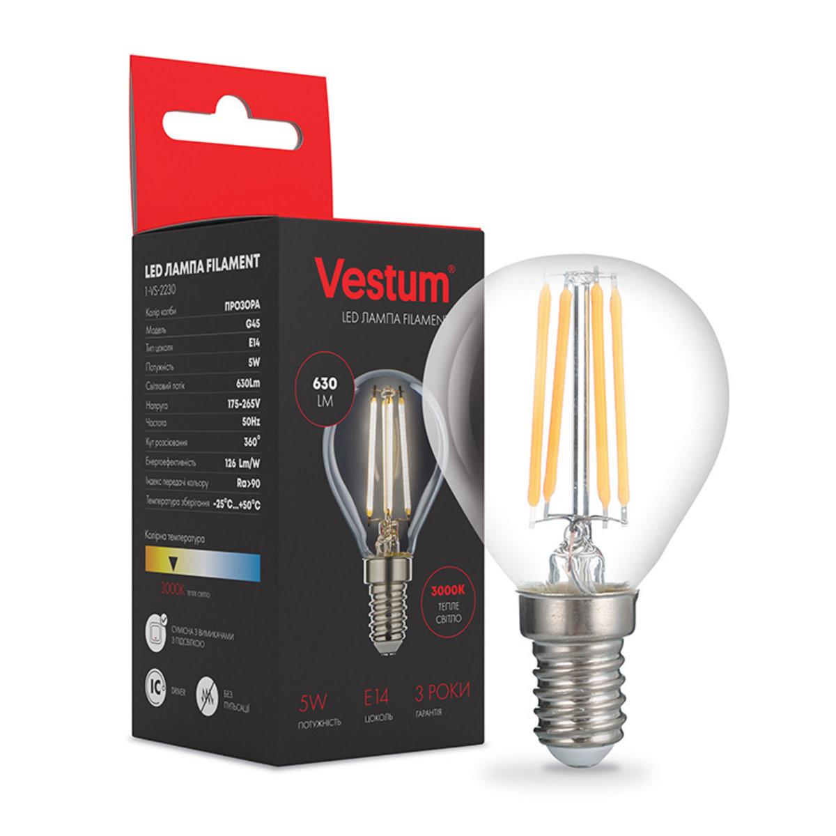 Світлодіодна філаментна лампа Vestum G45 Е14 5Вт 220V 3000К 1-VS-2230