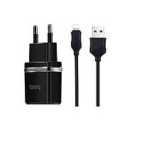 DR Сетевое зарядное устройство Hoco C12 2 USB черное + кабель USB to Lightning