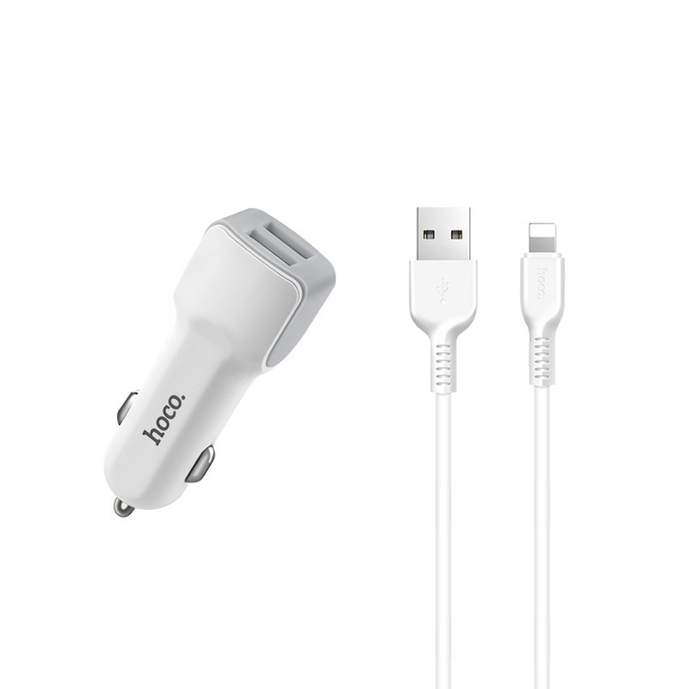 DR Автомобільний зарядний пристрій Hoco Z23 2 USB білий + кабель USB to Lightning