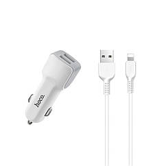 DR Автомобільний зарядний пристрій Hoco Z23 2 USB білий + кабель USB to Lightning