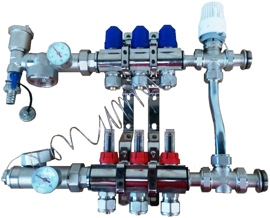 Колектор для теплої підлоги  на 3 контуру в зборі без насоса з триходовим термостатичним клапаном