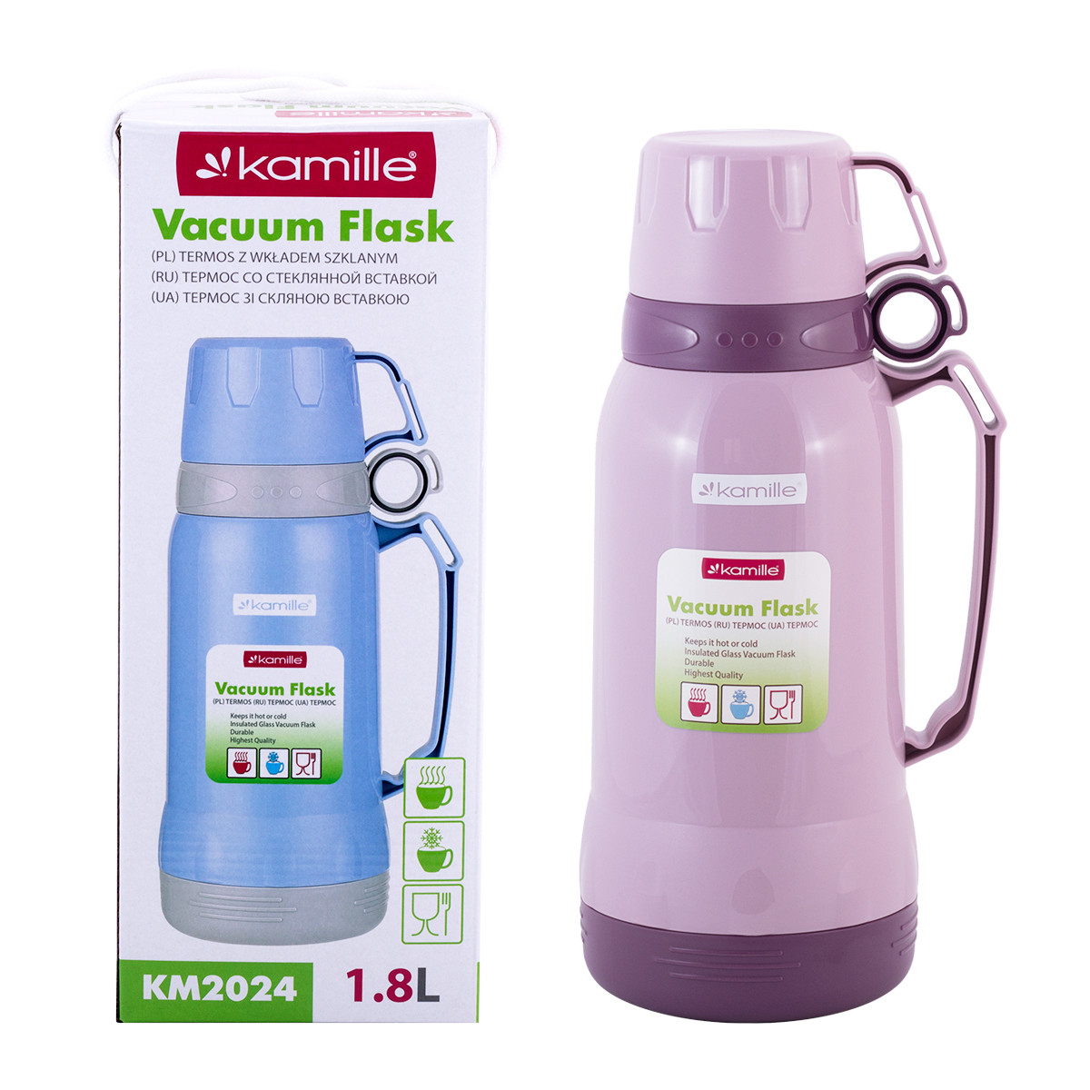 Термос Kamille Рожевий 1800мл пластиковий зі скляною колбою KM-2024, фото 1