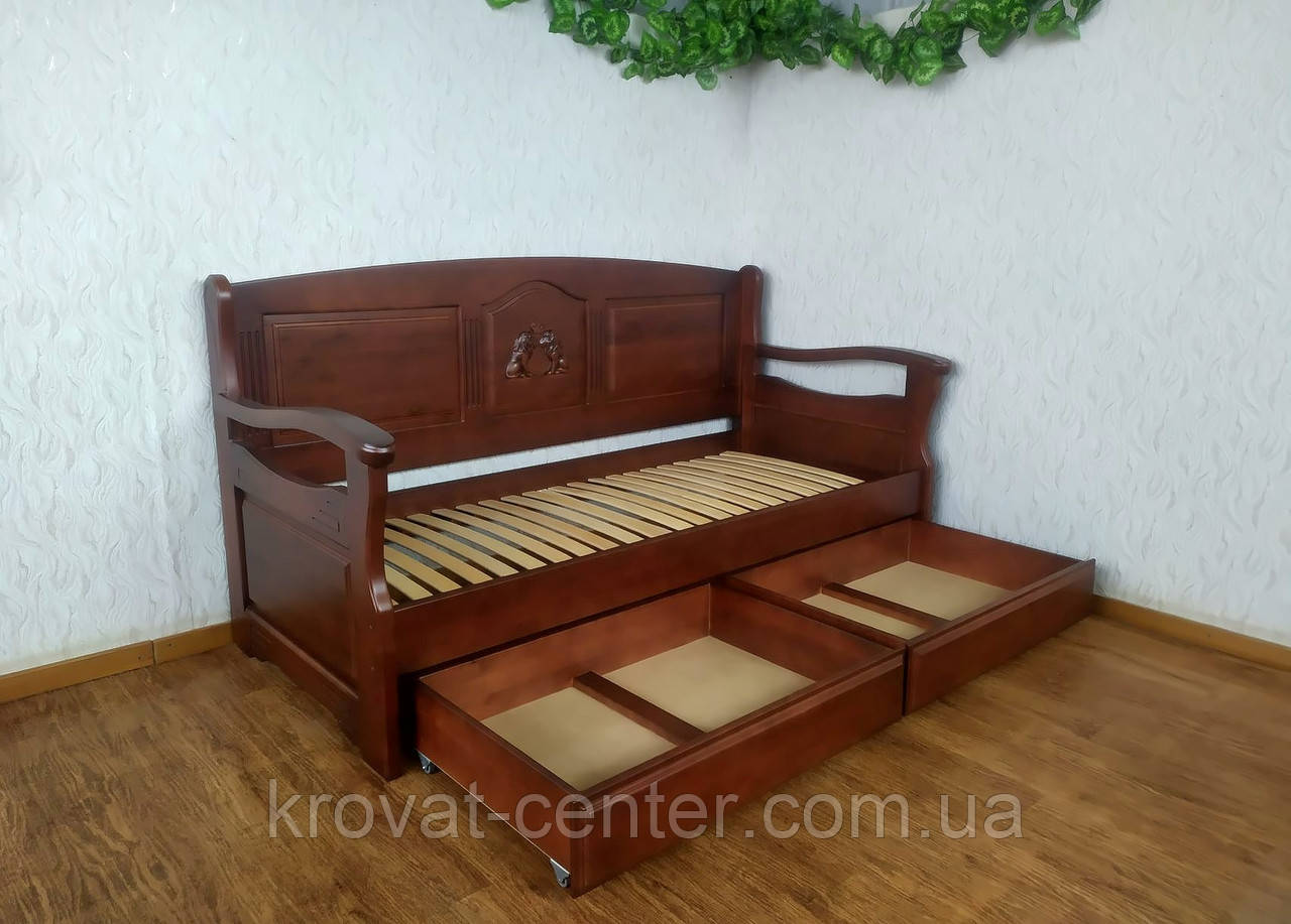 Дерев'яний диван ліжко з висувними ящиками від виробника "Орфей Преміум - 3" (з фігурним підлокітником)