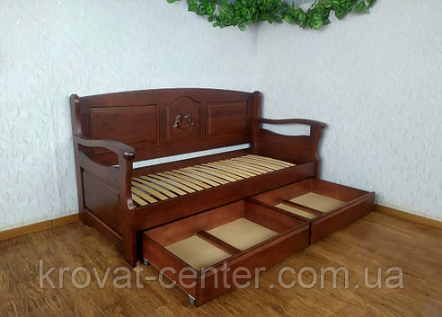 Дерев'яний диван ліжко з висувними ящиками від виробника "Орфей Преміум - 3" (з фігурним підлокітником), фото 2