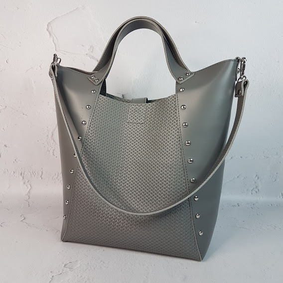 Сумка жіноча "ХОЛЛІ" натуральна шкіра, сіра з тисненням під плетінку, фото 1