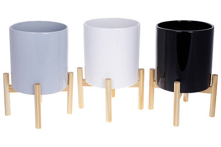 Кашпо керамічне Флора на бамбуковій підставці 37 см, колір — чорний глянець (733-470), фото 2