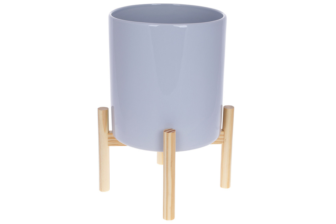 Кашпо керамічне Флора на бамбуковій підставці 37 см, колір — сірий глянець (733-459)