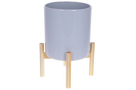 Кашпо керамічне Флора на бамбуковій підставці 37 см, колір — сірий глянець (733-459), фото 1