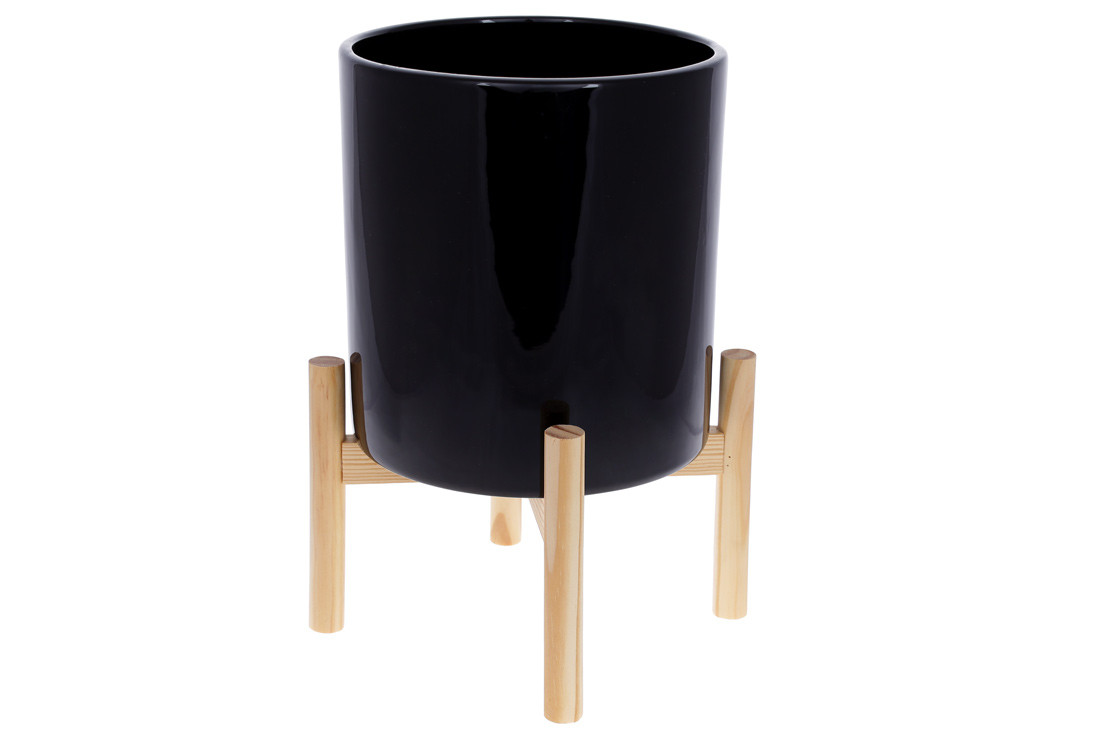 Кашпо керамічне Флора на бамбуковій підставці 37 см, колір — чорний глянець (733-470)
