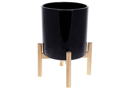 Кашпо керамічне Флора на бамбуковій підставці 37 см, колір — чорний глянець (733-470), фото 1