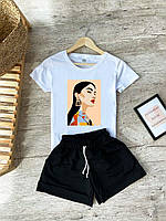 Женский летний комплект белая футболка с принтом "Кармен" и чёрные шорты