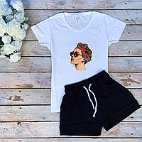 Женский летний комплект белая футболка с принтом "Косынка" и чёрные шорты