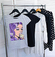 Женская серая футболка с принтом "Девушка с фиолетовыми волосами"
