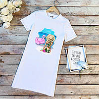 Универсальное белое платье-футболка с принтом "Пляж/фламинго"