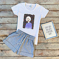 Женский летний комплект белая футболка с принтом "Девушка в синем" и серые шорты
