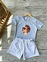 Женский летний комплект серая футболка с принтом "Косынка" и белые шорты