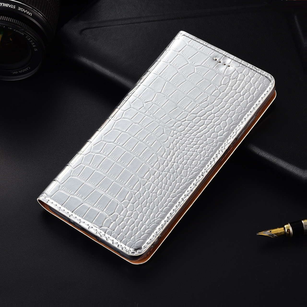 Шкіряний чохол книжка протиударний магнітний вологостійкий для Samsung S6 EDGE G925 "GOLDAX" Сріблястий