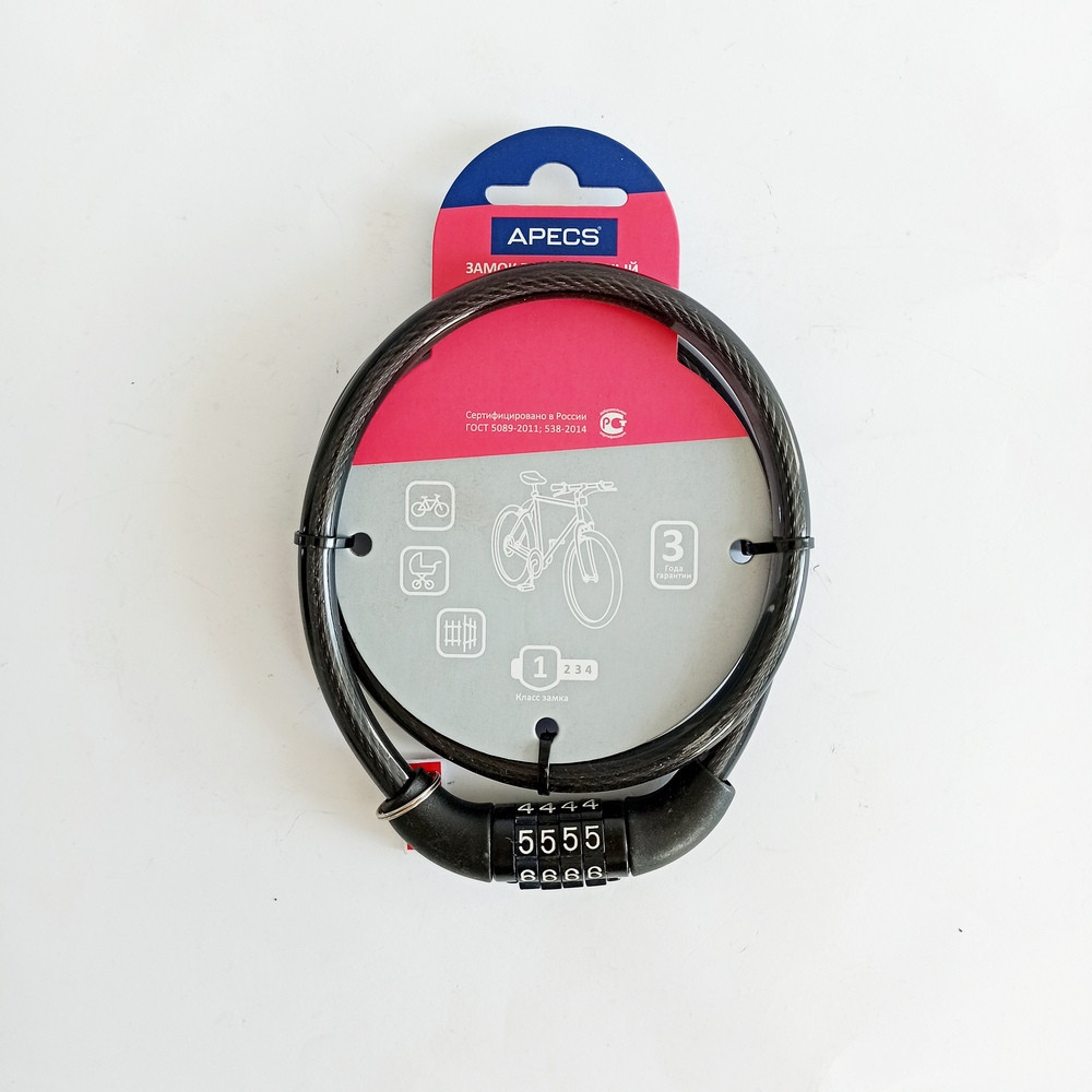 Замок велосипедний із тросом APECS PD-82-65 см кодовий