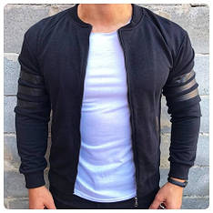 Куртка-бомбер чоловіча чорного кольору з шкіряними вставками на рукавах One-Point