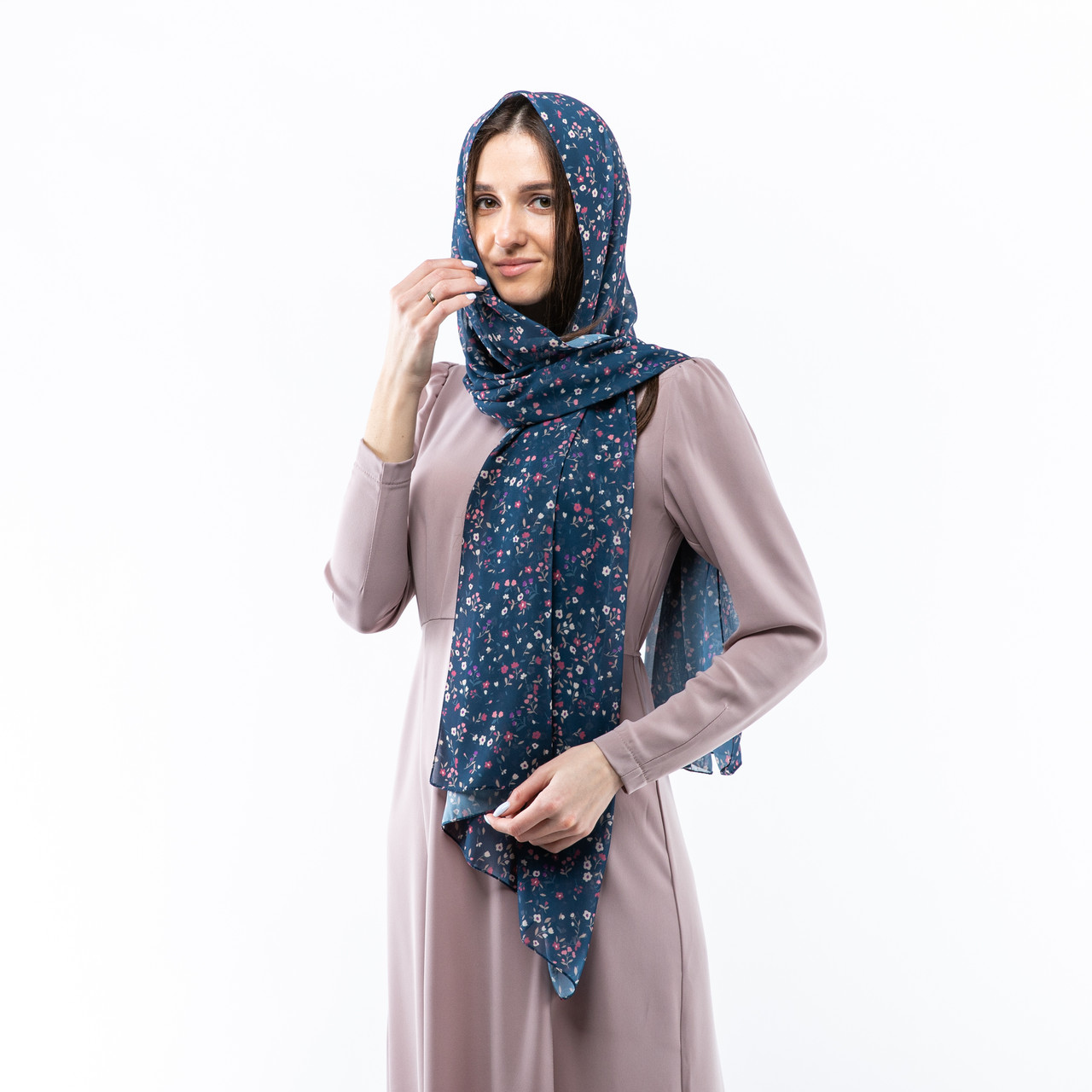 Шарф шифоновий з квітковим принтом 190х70см Синій, фото 1