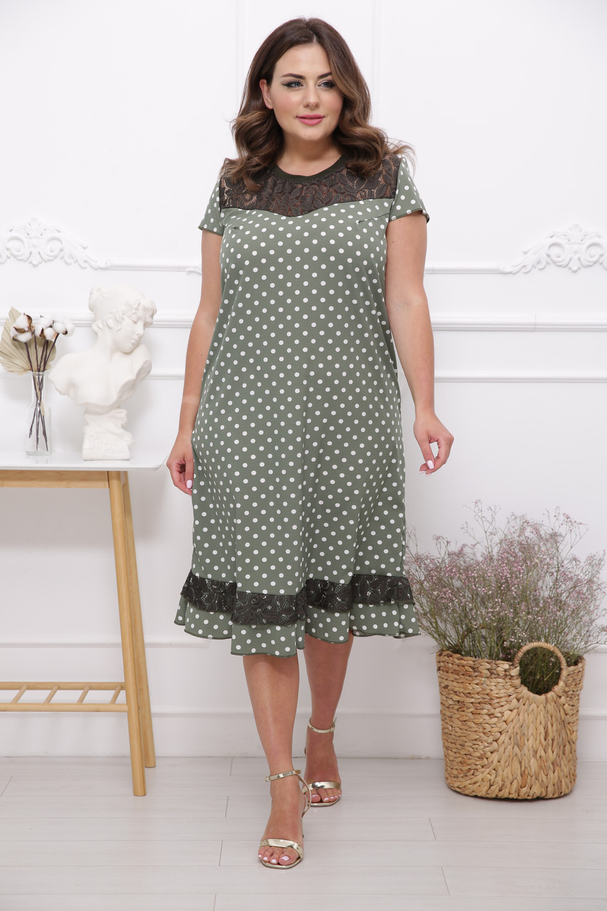 Красиве літнє плаття великого розміру Венеція оливкове в горошок (52), фото 1