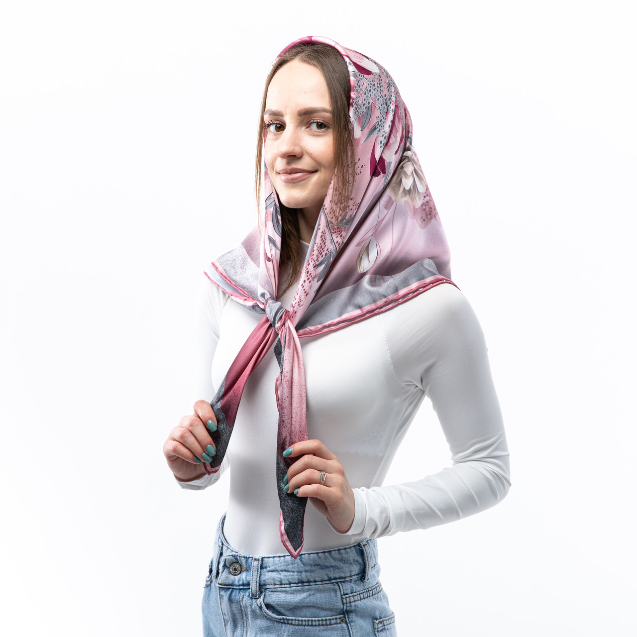 Атласна хустка з квітковим принтом 90х90см Рожева, фото 1