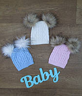 Шапочка для новорожденных с бубонами Турция, шапочки для новорожденных, шапочки для малышей, интернет магазин Голубой