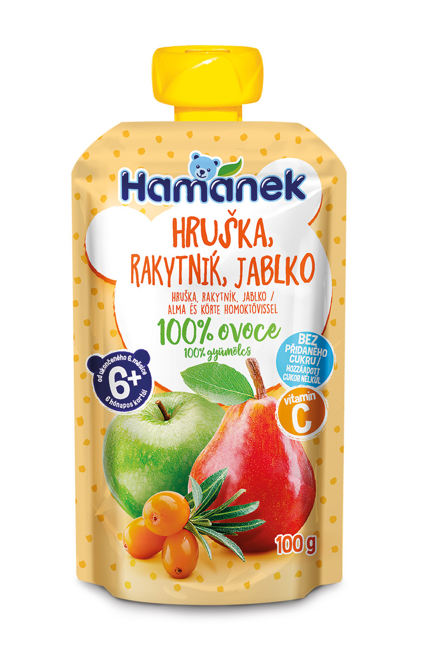 Пюре павуч Яблуко з грушею та обліпихою Hamanek, 100г, фото 1