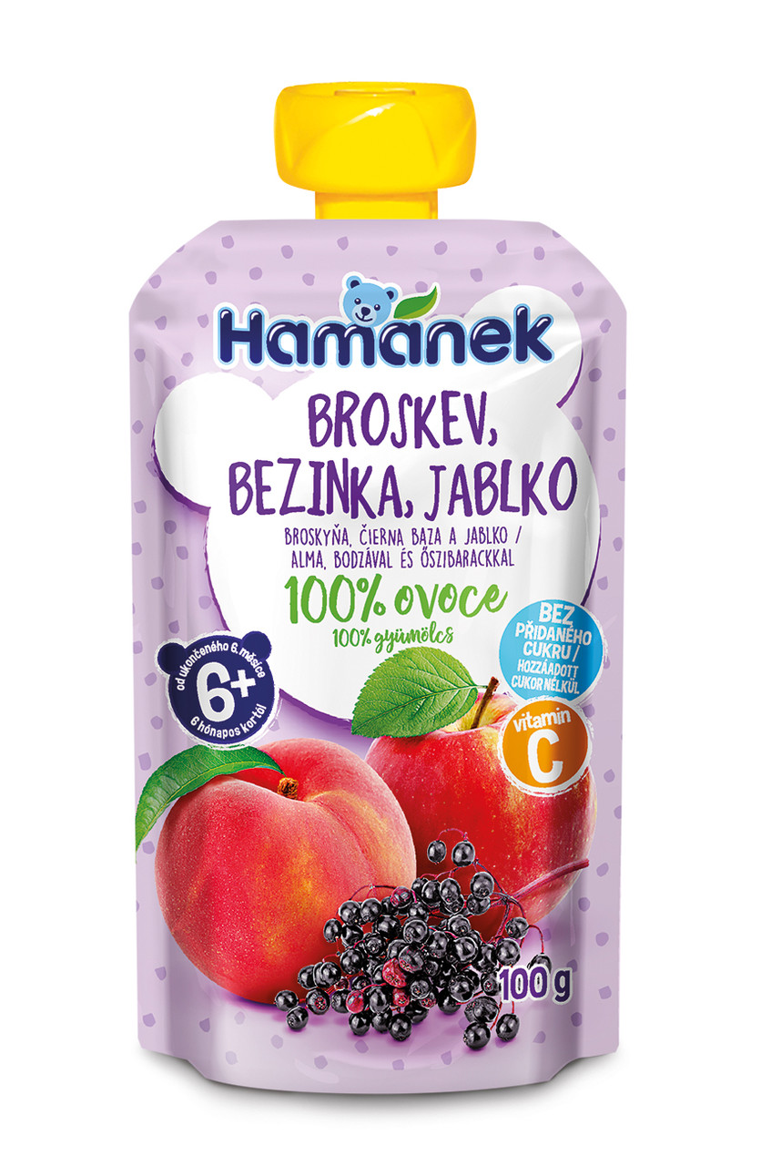 Пюре пауч Яблуко з персиком і бузиною Hamanek, 100г, фото 1
