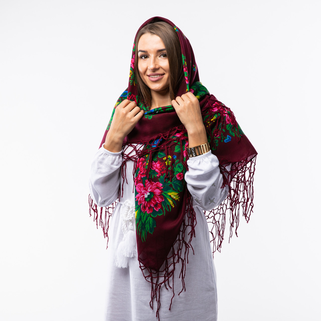 Українська хустка з тороками 120х120см Бордова