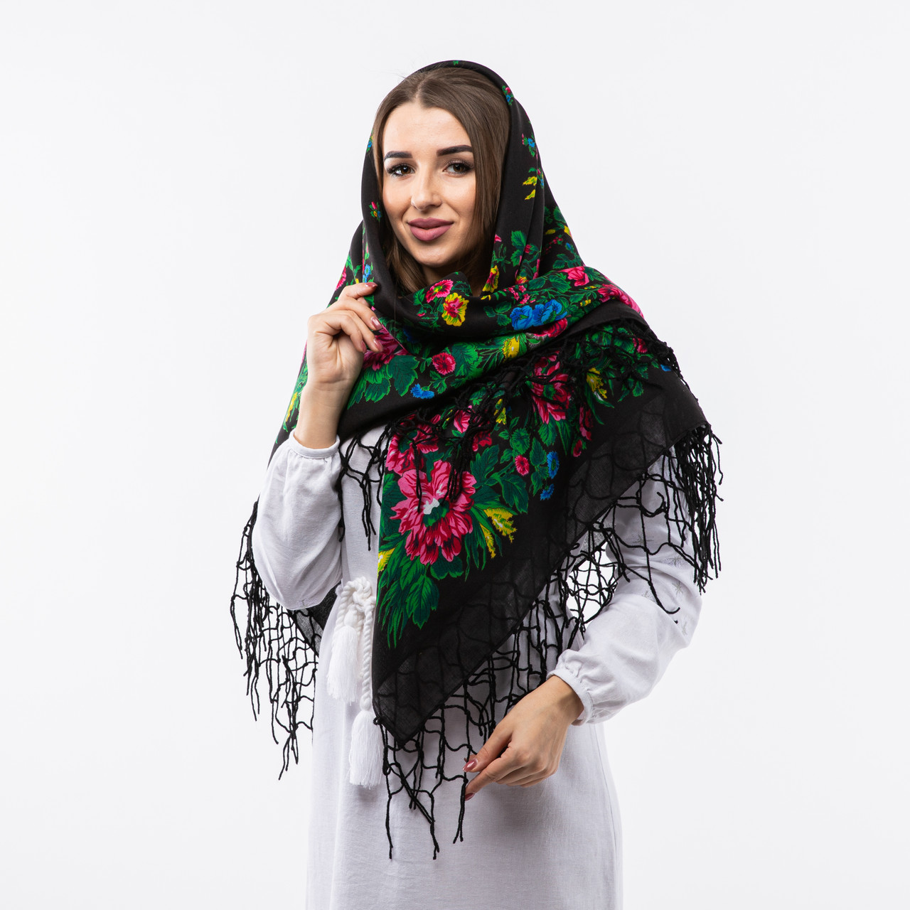 Українська хустка з тороками 120х120см Чорна