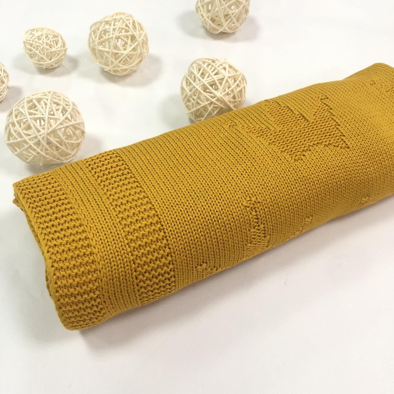 Плед в'язаний корони колір гірчичний 95*75 см (90% бавовна, 10% акрил), фото 1