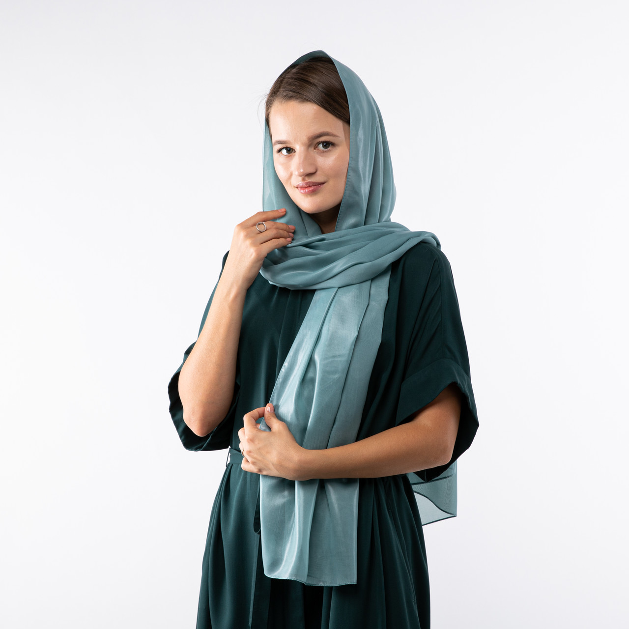 Шарф шифоновий з прозорим напиленням 180х70см Бірюзовий, фото 1