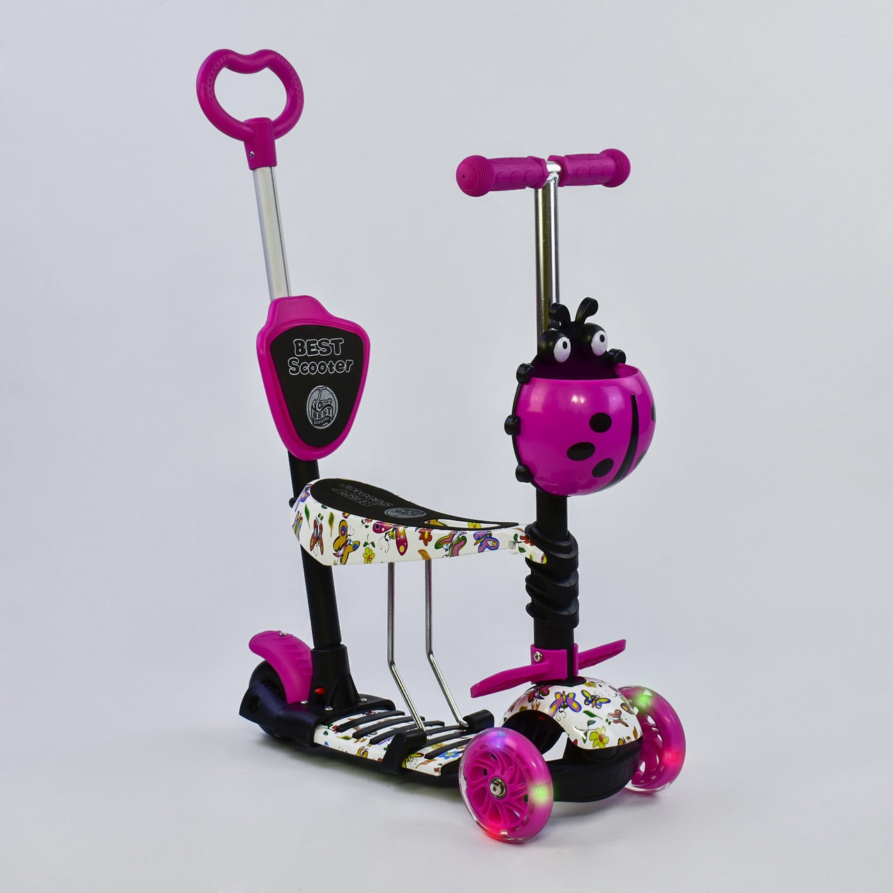 Дитячий самокат божа корівка Best Scooter 5 в 1 "Абстракція" 58420 з підсвічуванням коліс і батьківською