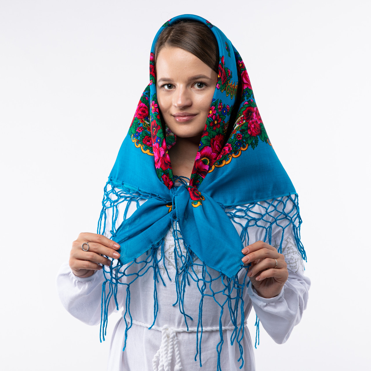 Українська хустка з тороками 90х90см Блакитна