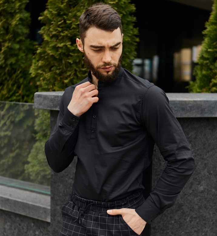 Чоловіча сорочка лляна модна молодіжна з довгим рукавом класика Туреччина чорна. Живе фото, фото 1
