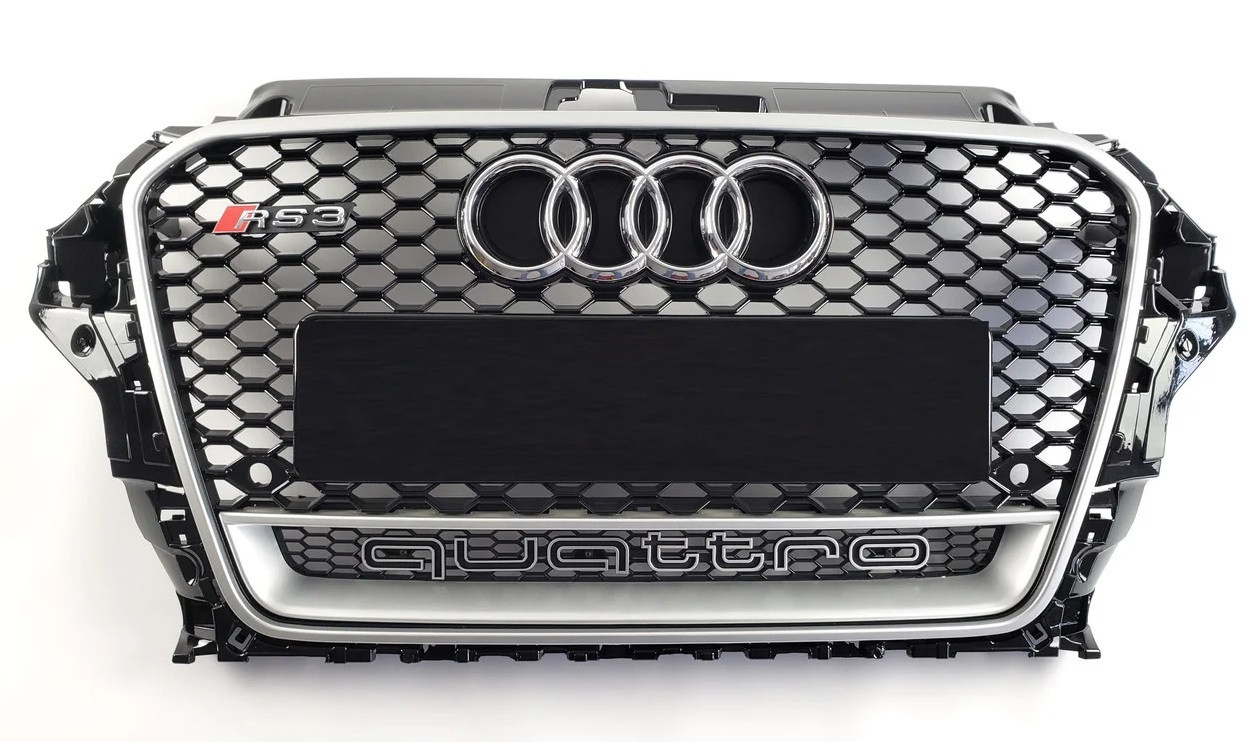 Решітка радіатора Audi A3 8V (12-16) тюнінг стиль RS3 (рамка срібло + quattro)
