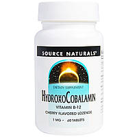 Вітамін B12, 1 мг, Гідроксокобаламін, смак вишні, Hydroxocobalamin, Source Naturals, 60 таблеток