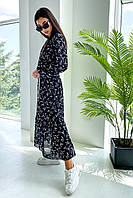 ✔️Жіноче шифонова сукня міді з довгим рукавом 42-48 розміру з квітковим принтом різні забарвлення