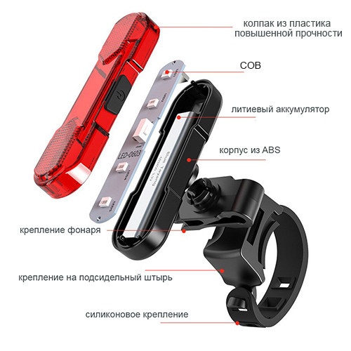 Велосипедний задній ліхтар мигалка акумуляторна 8821-5COB, акум., ЗП micro USB