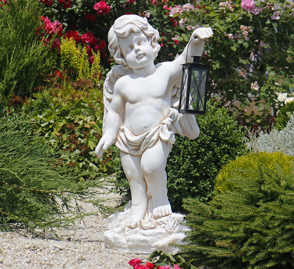 Садова Паркова фігура Ангел з ліхтарем + LED 81х38х26 см колір Крем