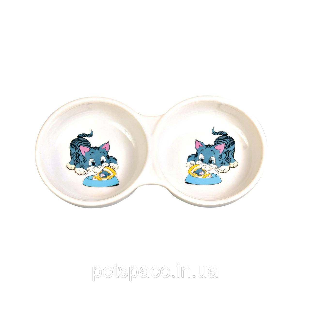 Керамічна подвійна біла миска для кішок та котів Trixie (Тріксі) 0,15л / 11см, фото 1