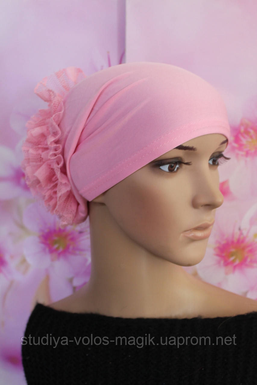 Чалма шапка женская 54-60рр трикотажная сзади большой цветок розовая - фото 6 - id-p1413067462
